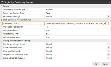 The Single Sign On Identity Provider dialog box has a grid with row headings that have a gray background with black text and can be expanded to display fields with a white background and black text. In this example, in the OIDC Compliant Provider Settings section, User Name Lookup is highlighted to show that client_id has been added.